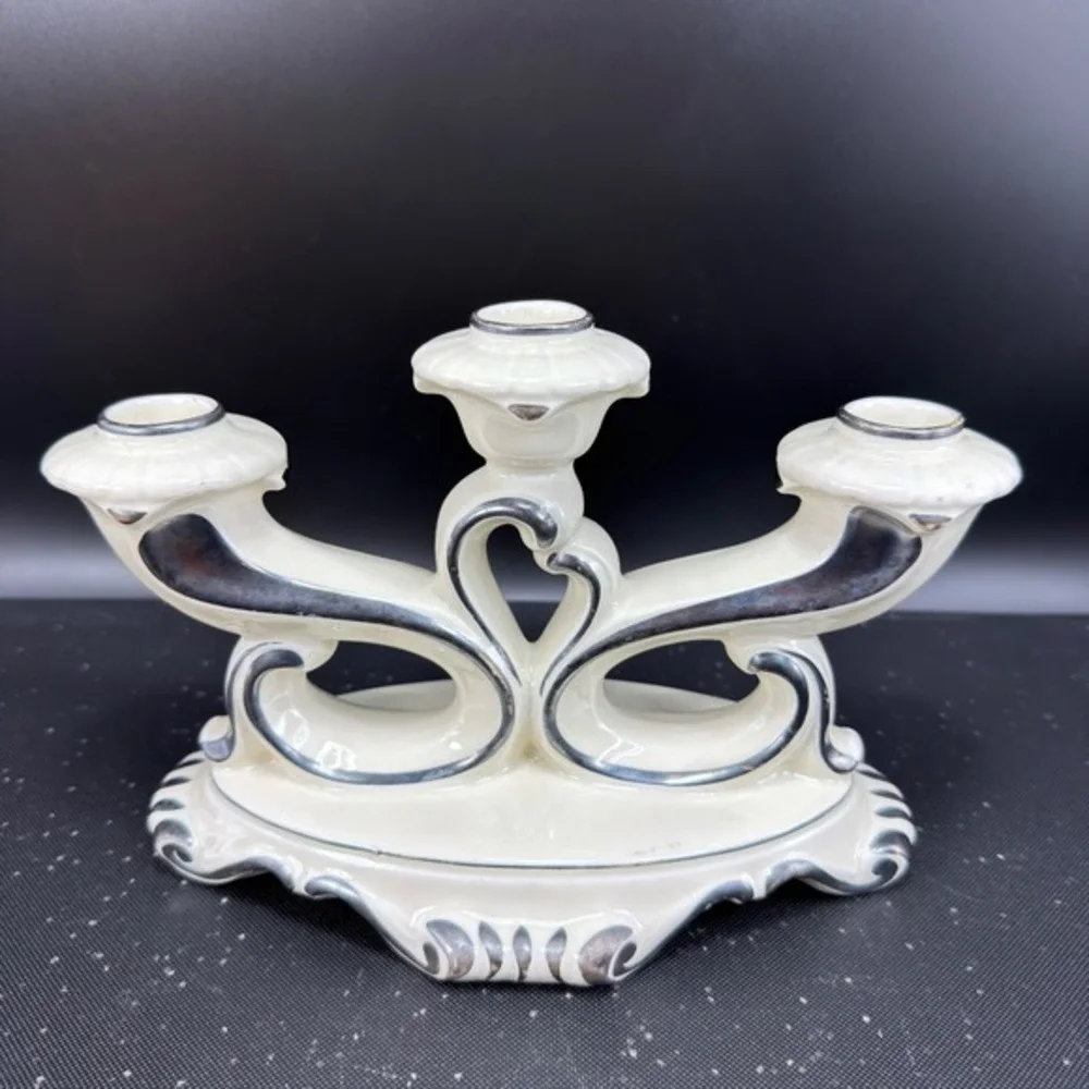 Mitterteich Bavaria Porcelain 3 Light Candelabra Silver Trim Cream 5.5x9 Vintage